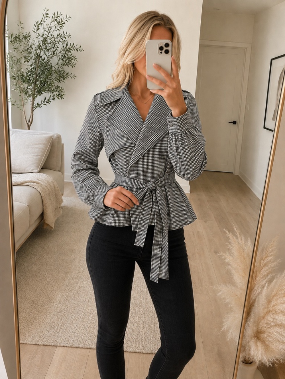 NWT Houndstooth Peplum Jacket Belted Black White Small
